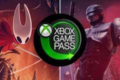 Split image of Hollow Knight Silksong and Robocop Rogue City game covers behind Xbox Game Pass logo